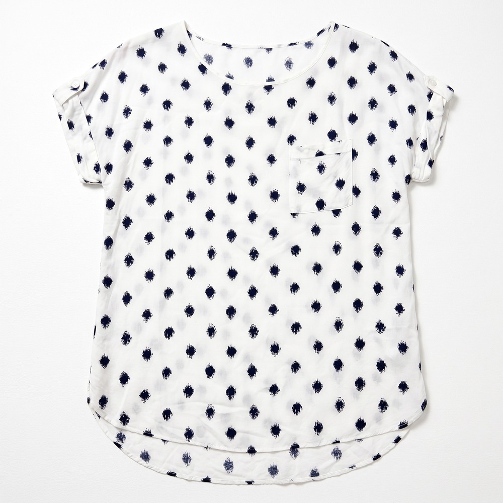LOFT S White Navy Blue Ikat Short Sleeve Top Womens Boho Casual Blouse